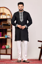 BLACK CHAIN SILK MANDARIN NECK EMBROIDERED KURTA