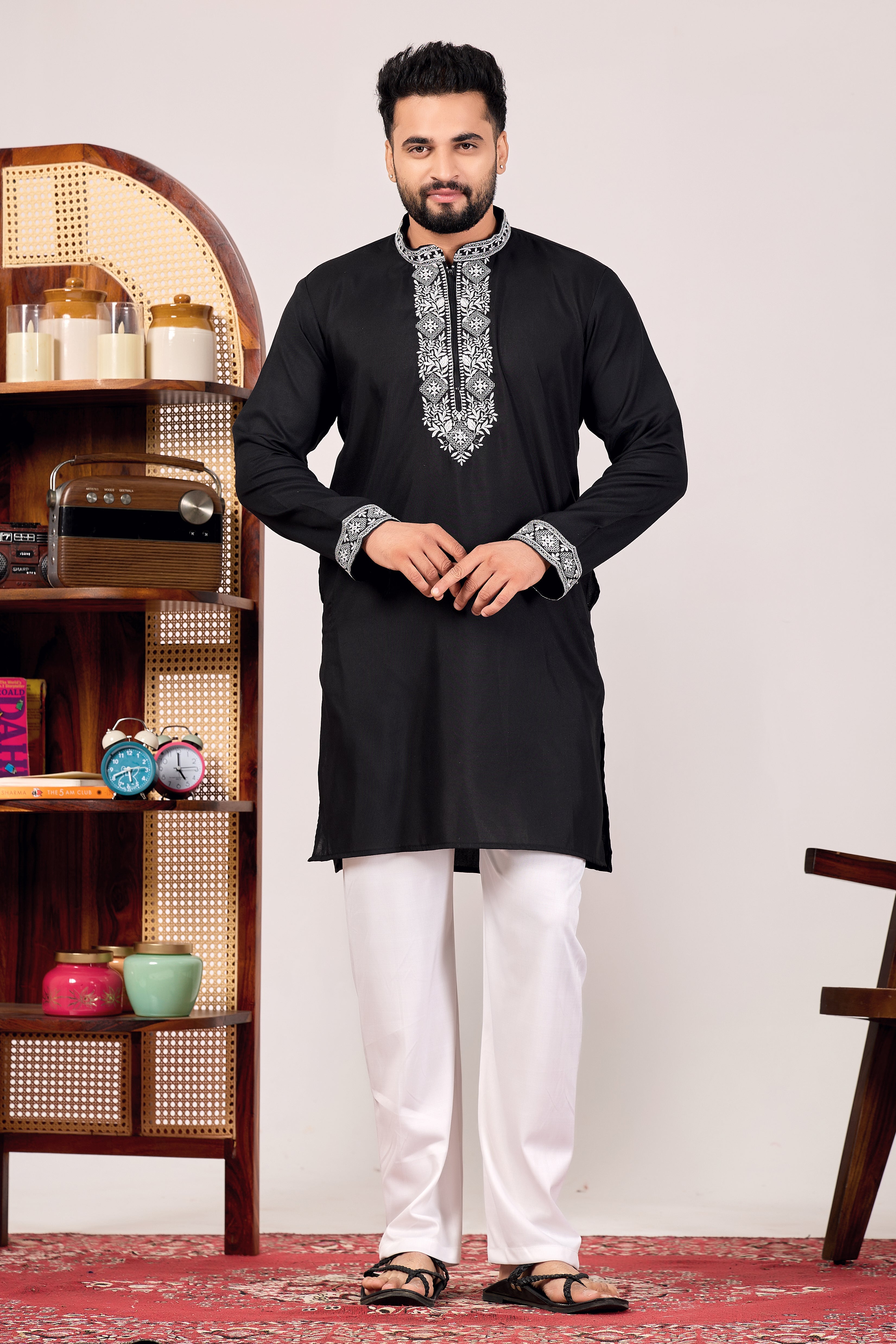 BLACK CHAIN SILK MANDARIN NECK EMBROIDERED KURTA