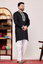 BLACK CHAIN SILK MANDARIN NECK EMBROIDERED KURTA