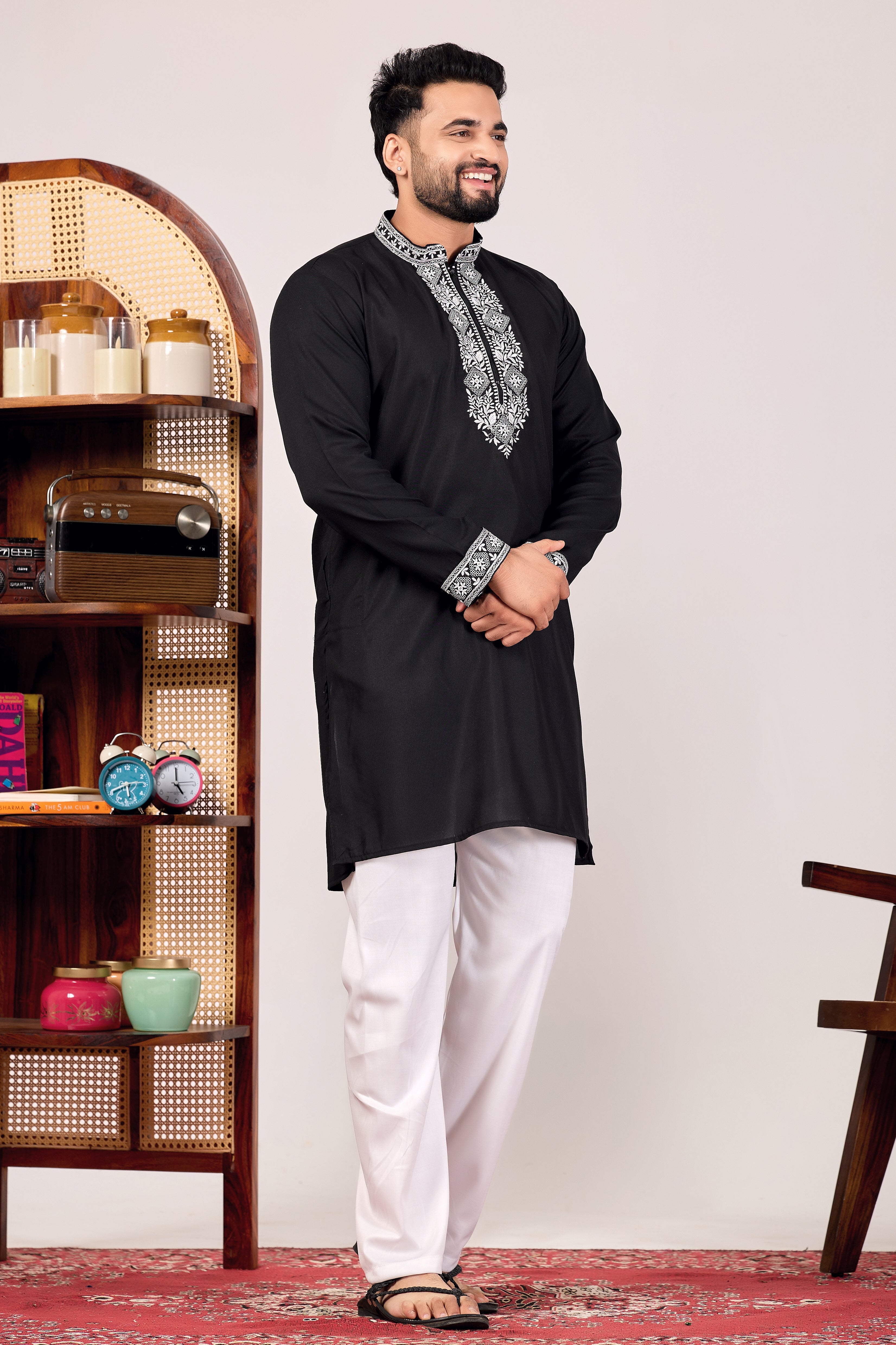 BLACK CHAIN SILK MANDARIN NECK EMBROIDERED KURTA