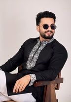 BLACK CHAIN SILK MANDARIN NECK EMBROIDERED KURTA