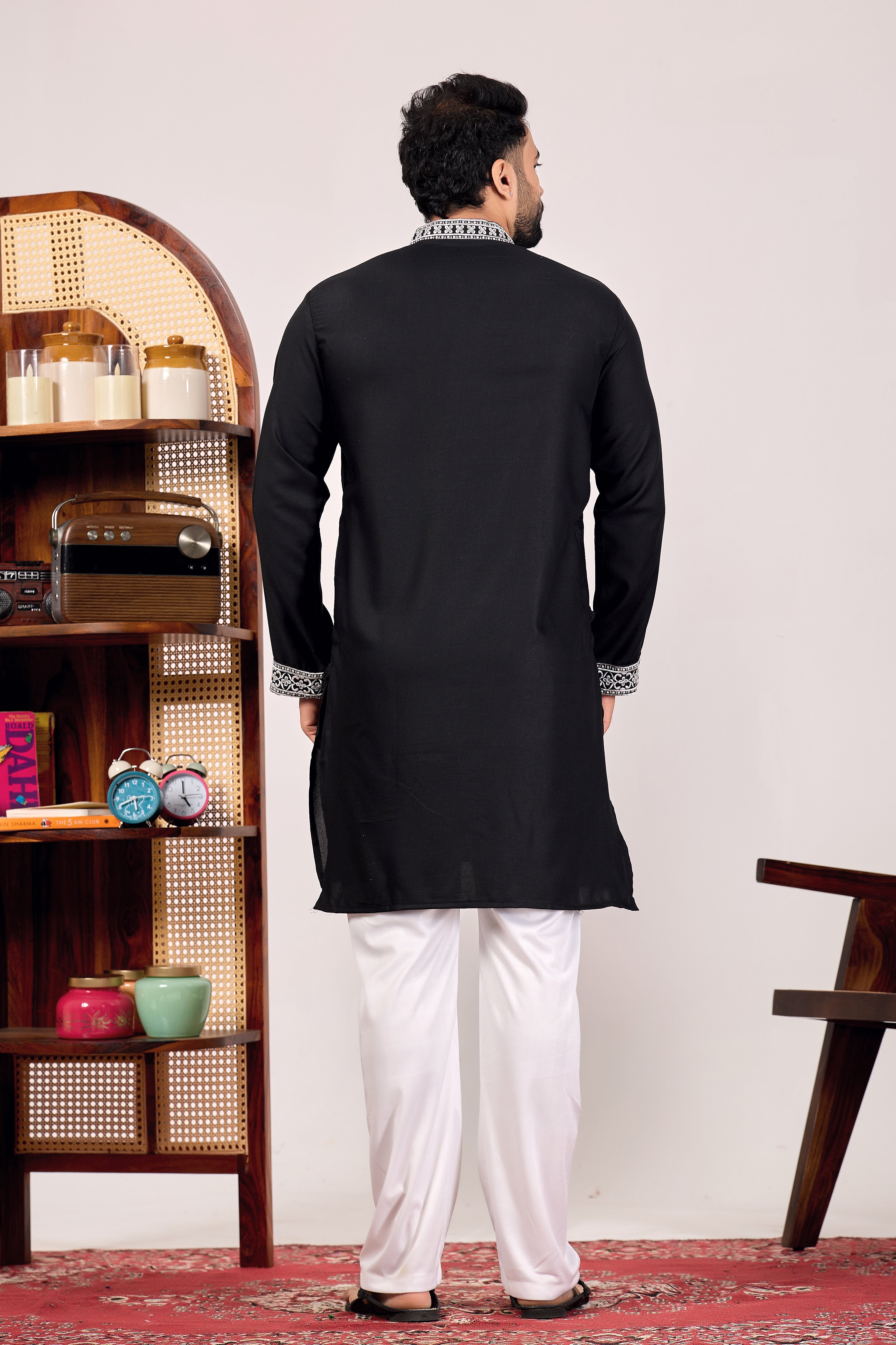 EMBROIDERED PURE SILK BLACK KURTA SET
