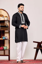 EMBROIDERED PURE SILK BLACK KURTA SET