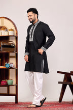 EMBROIDERED PURE SILK BLACK KURTA SET