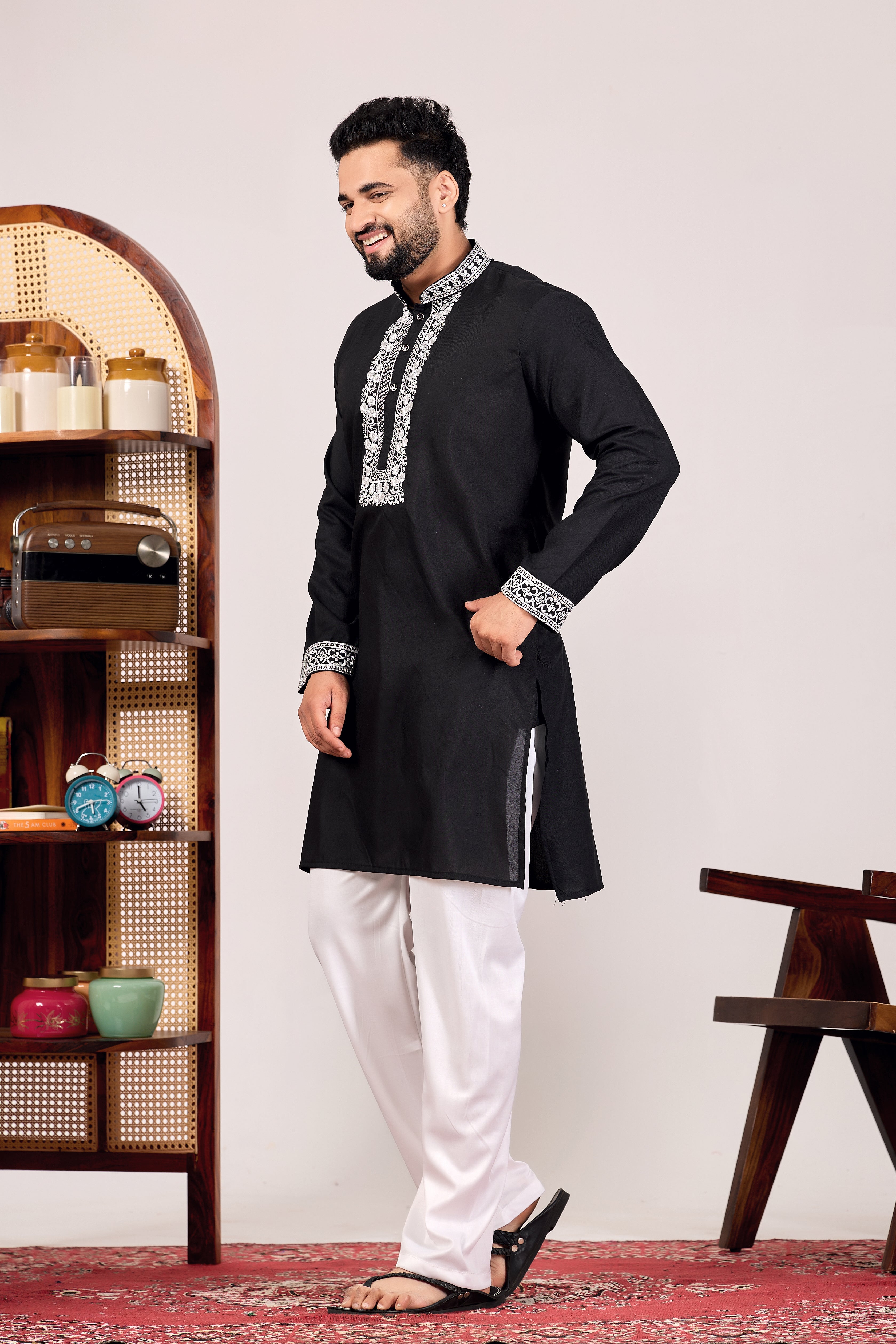 EMBROIDERED PURE SILK BLACK KURTA SET