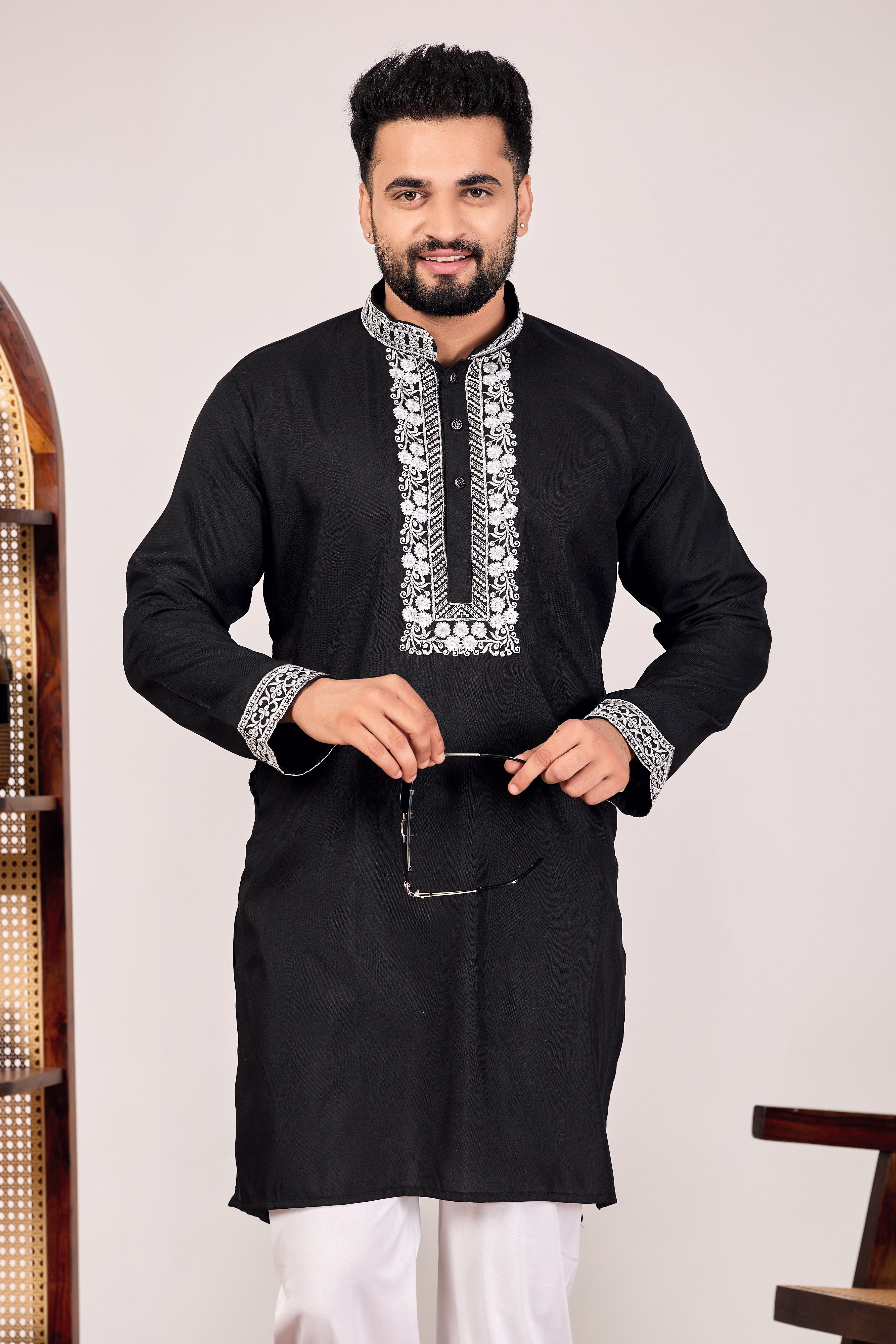 EMBROIDERED PURE SILK BLACK KURTA SET