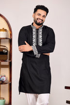EMBROIDERED PURE SILK BLACK KURTA SET