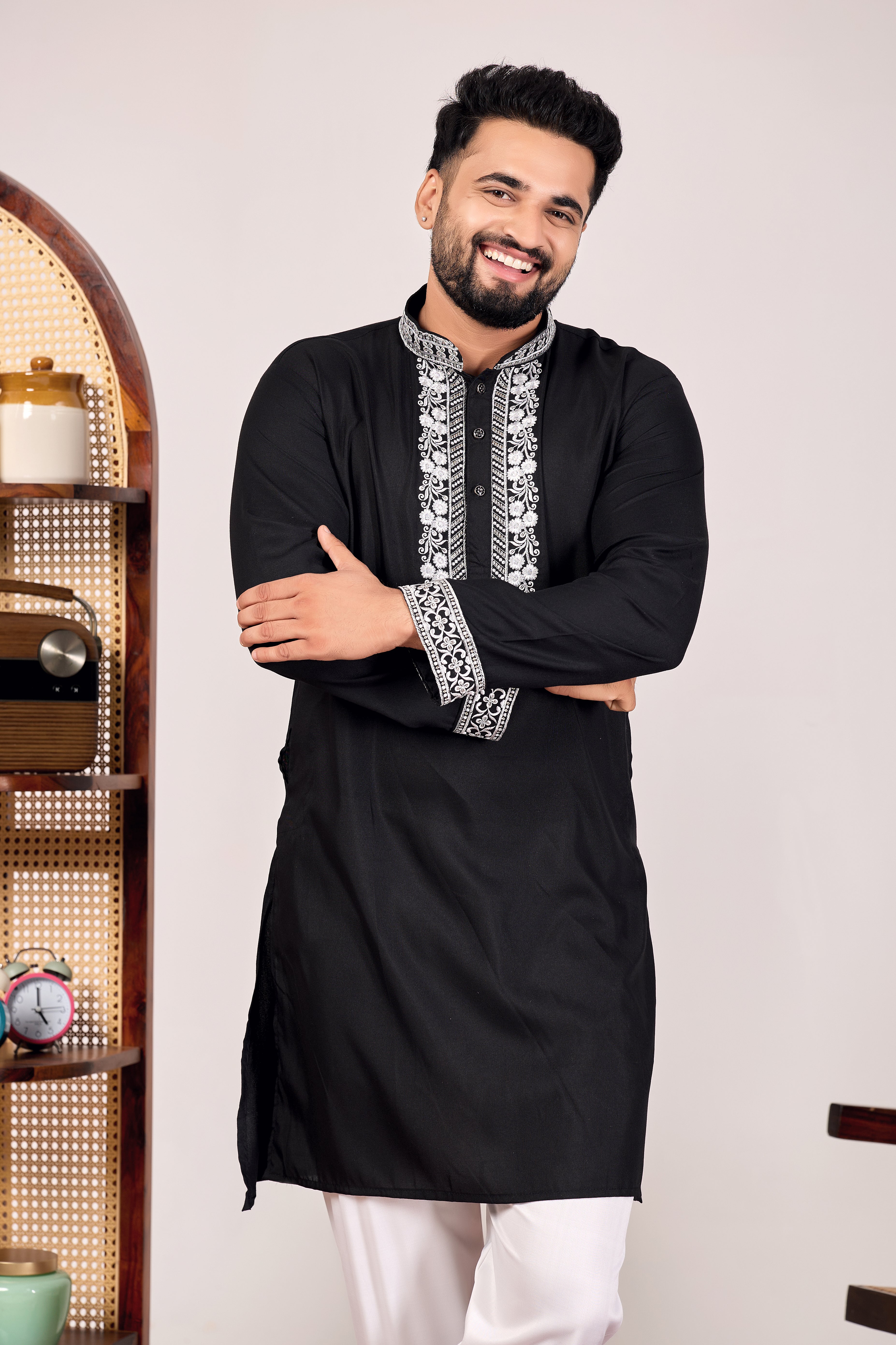 EMBROIDERED PURE SILK BLACK KURTA SET