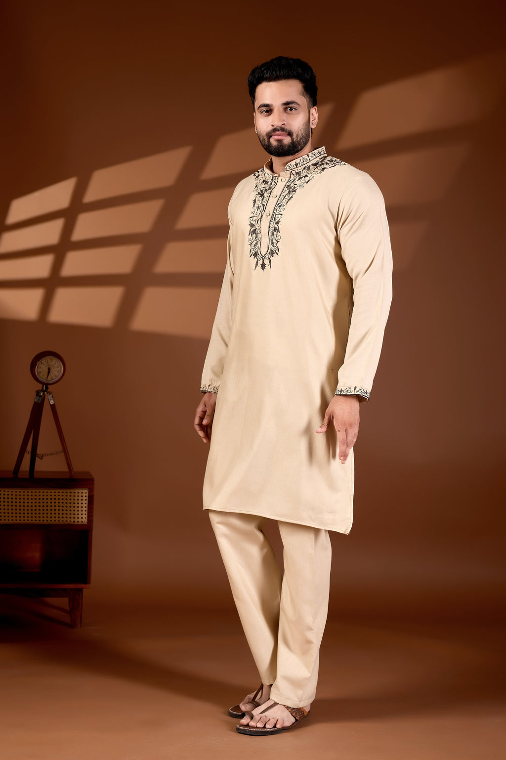 MEN'S COTTON NECK EMBROIDERED CREAM KURTA WITH CREAM TROUSER PANT