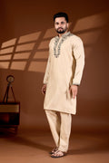 MEN'S COTTON NECK EMBROIDERED CREAM KURTA WITH CREAM TROUSER PANT