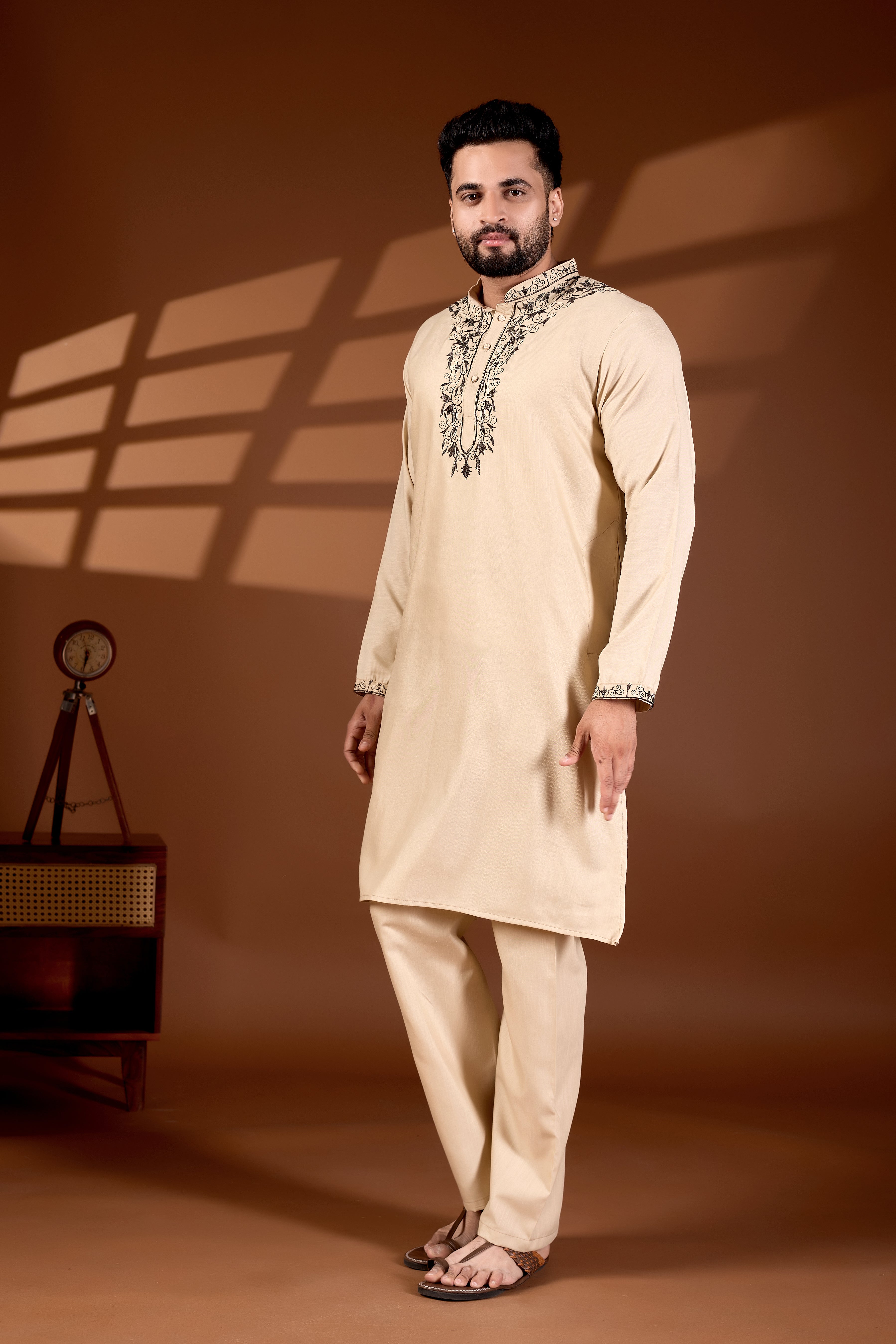 MEN'S COTTON NECK EMBROIDERED CREAM KURTA WITH CREAM TROUSER PANT
