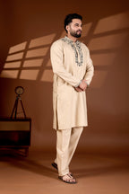 MEN'S COTTON NECK EMBROIDERED CREAM KURTA WITH CREAM TROUSER PANT