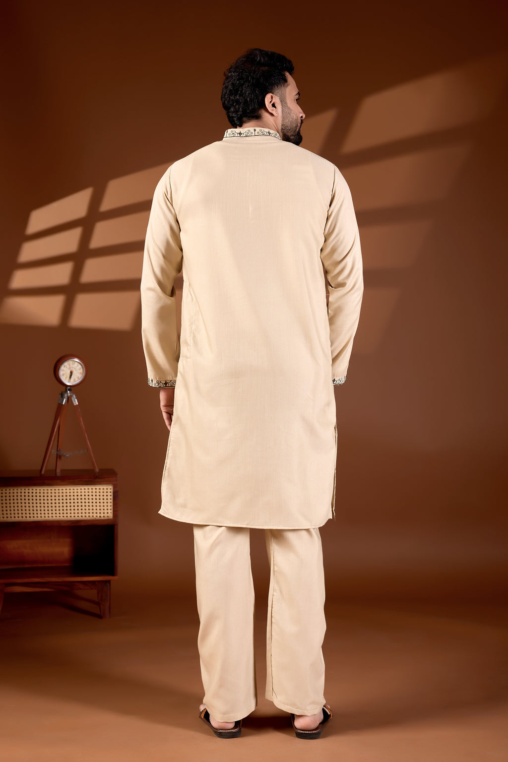 MEN'S COTTON NECK EMBROIDERED CREAM KURTA WITH CREAM TROUSER PANT