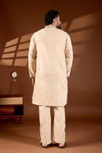 MEN'S COTTON NECK EMBROIDERED CREAM KURTA WITH CREAM TROUSER PANT