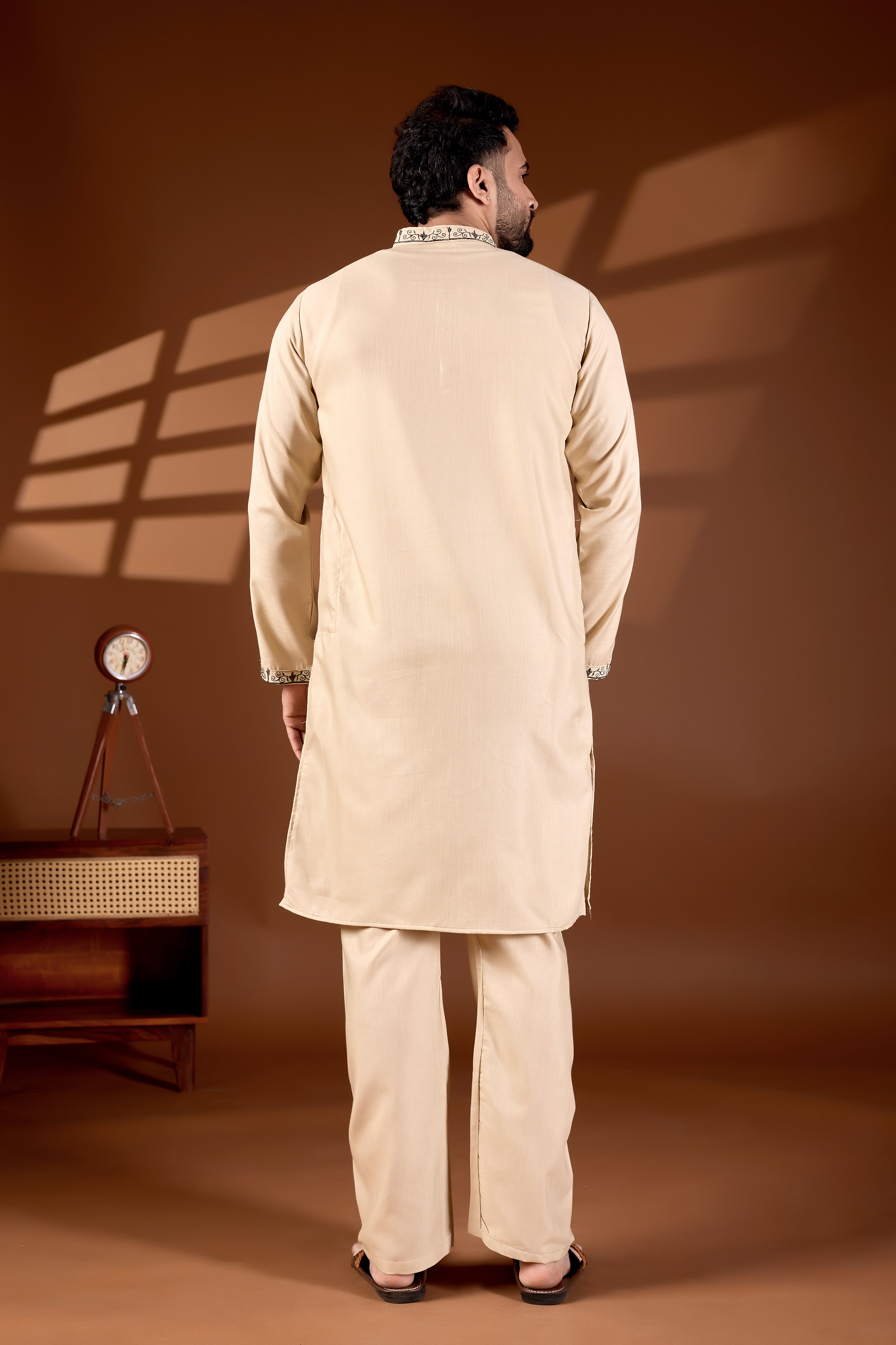 MEN'S COTTON NECK EMBROIDERED CREAM KURTA WITH CREAM TROUSER PANT