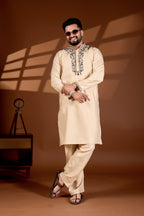 MEN'S COTTON NECK EMBROIDERED CREAM KURTA WITH CREAM TROUSER PANT