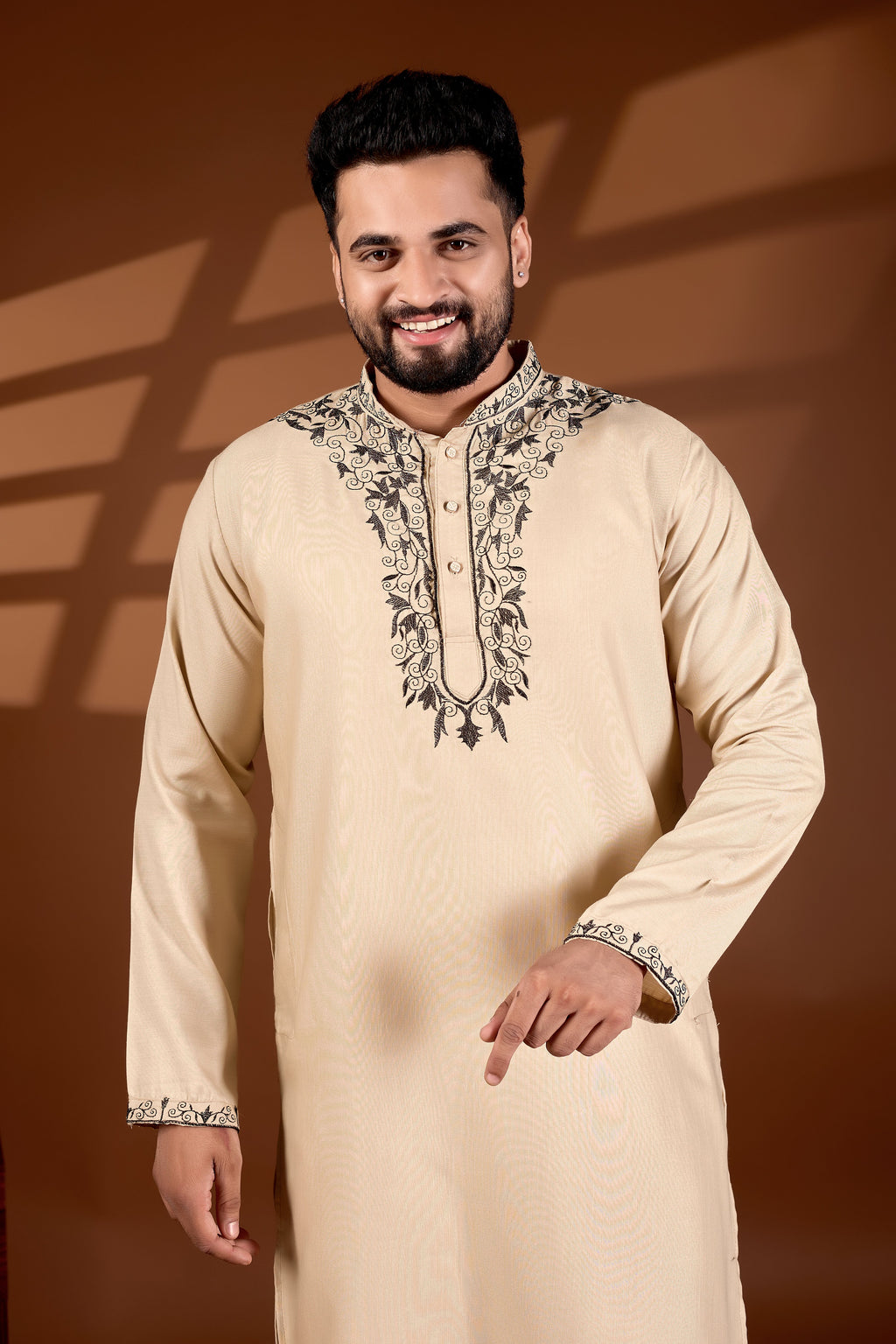 MEN'S COTTON NECK EMBROIDERED CREAM KURTA WITH CREAM TROUSER PANT