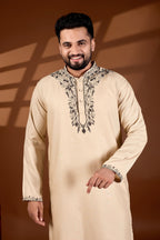 MEN'S COTTON NECK EMBROIDERED CREAM KURTA WITH CREAM TROUSER PANT