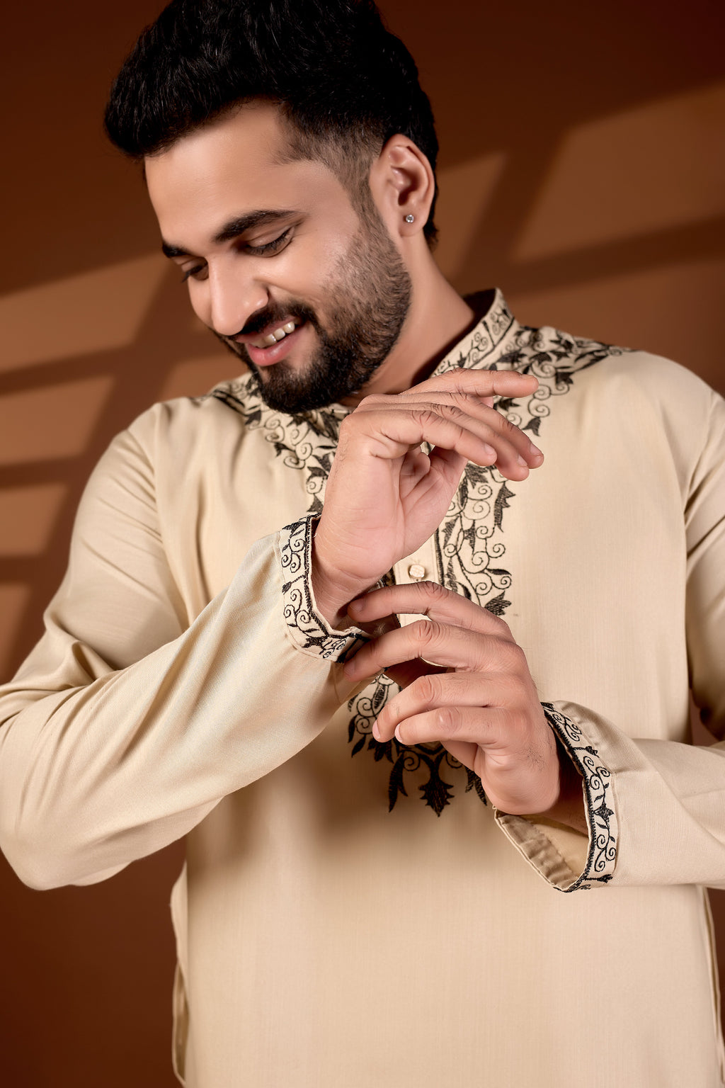 MEN'S COTTON NECK EMBROIDERED CREAM KURTA WITH CREAM TROUSER PANT