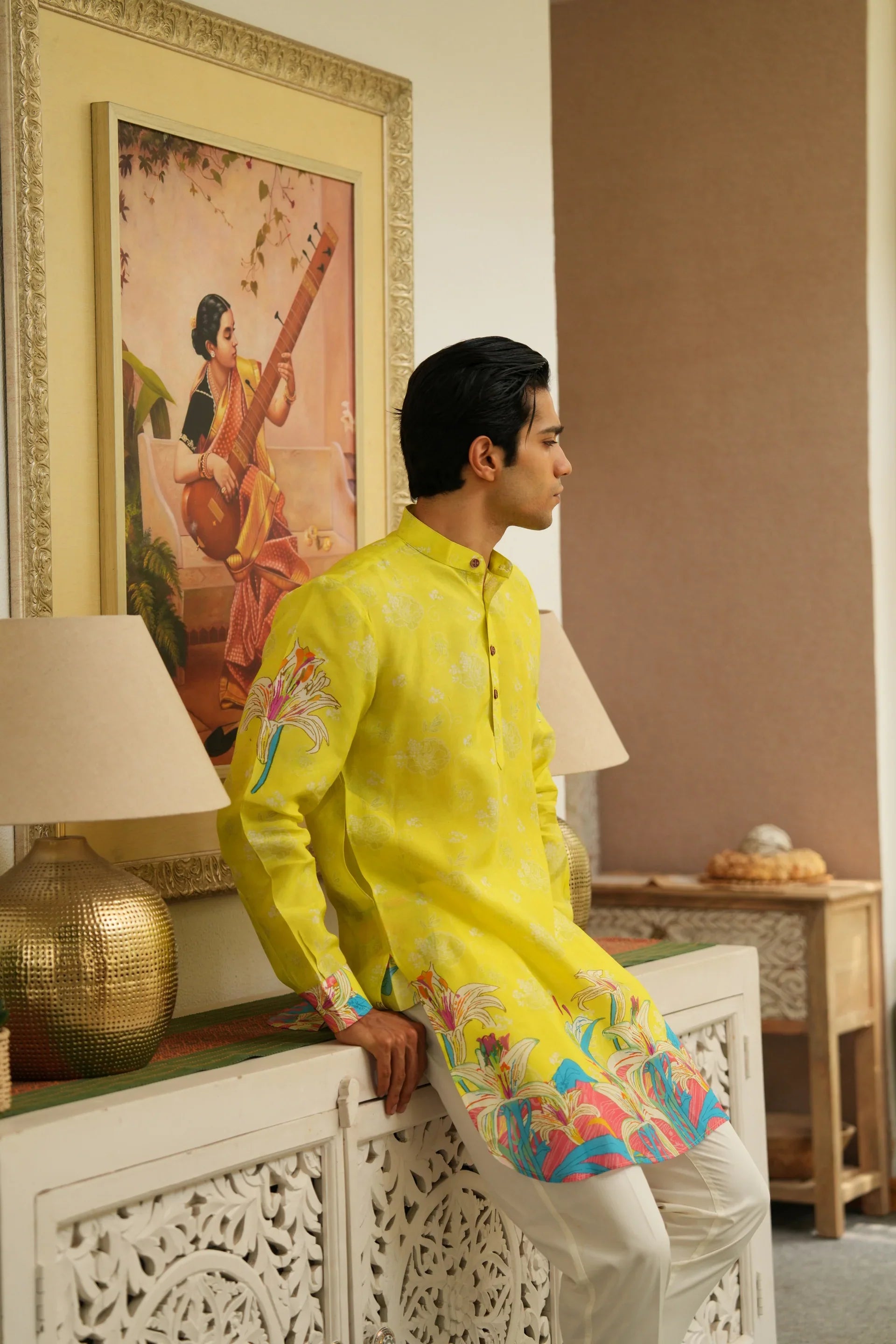 CITRUS SPLASH YELLOW CAMELLIA FLOWER KURTA