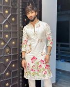 WHITE COW WITH LOTUS PRINTED KURTA SET