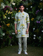 THE ROYAL MISS GREEN CHANDERI EMBROIDERY HAND BLOCK PRINT KURTA AND TROUSER SET