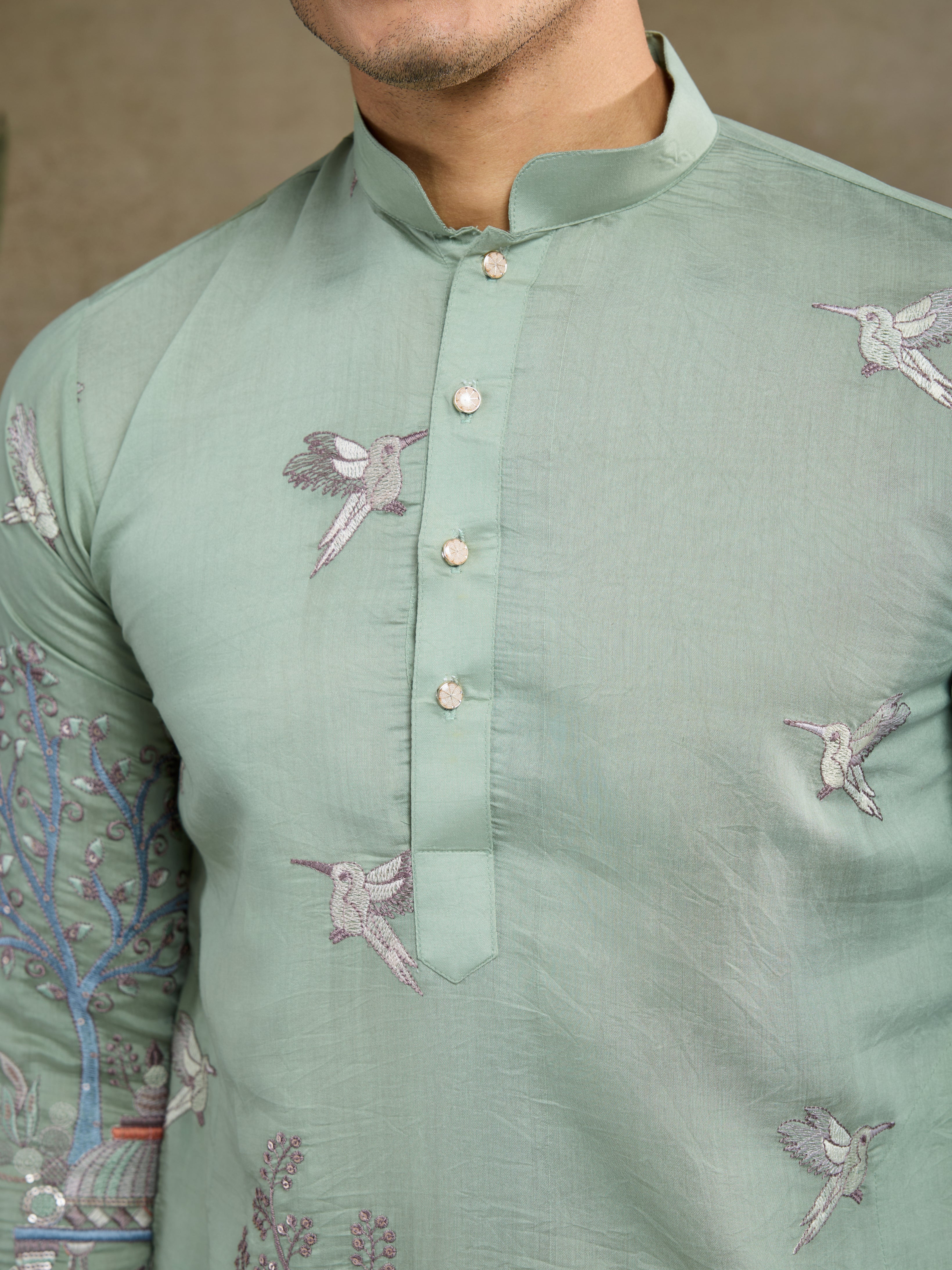 PREMIUM PISTA GREEN VISCOSE SILK PARTY WEAR KURTA FOR MEN