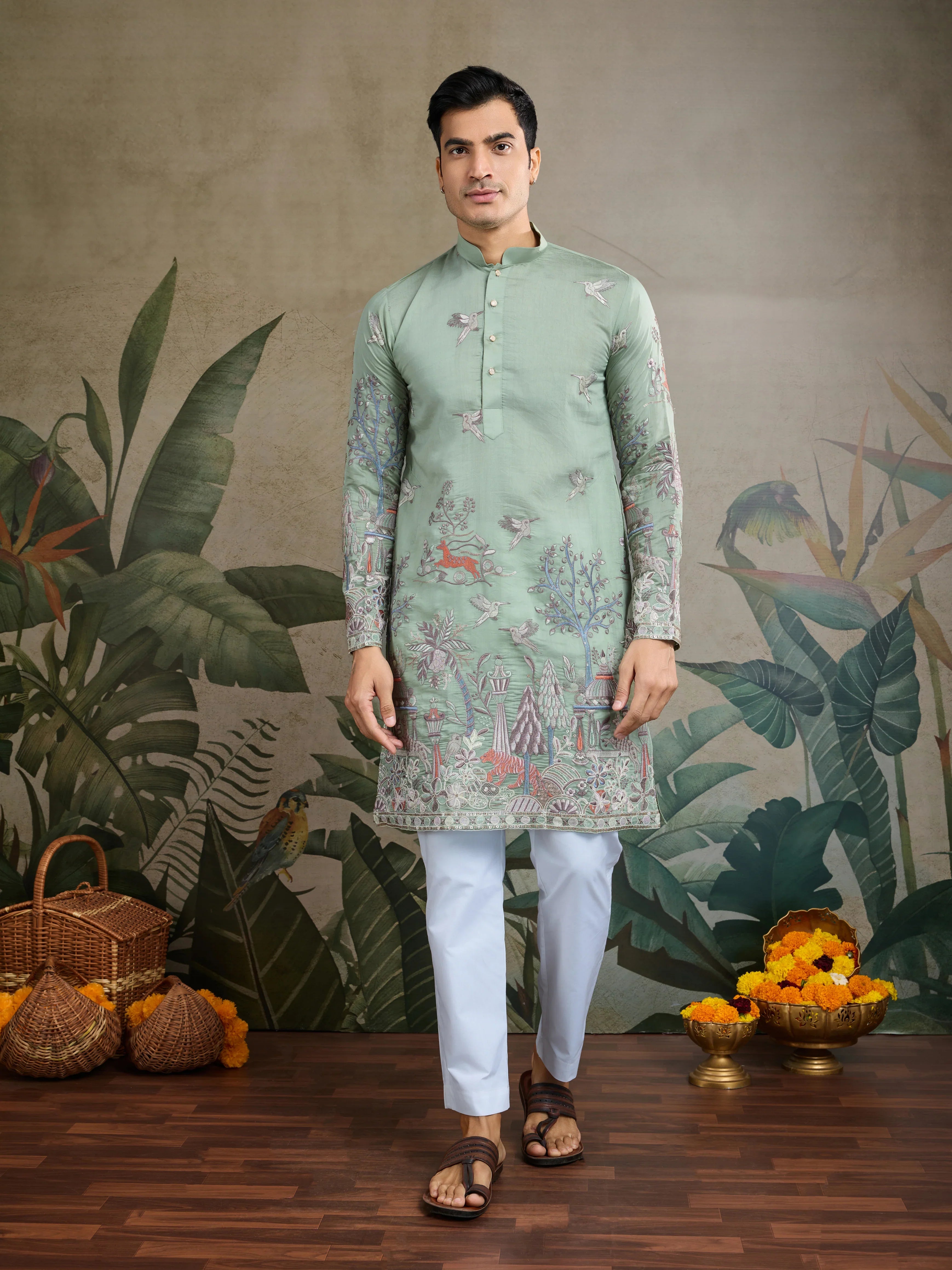 PREMIUM PISTA GREEN VISCOSE SILK PARTY WEAR KURTA FOR MEN