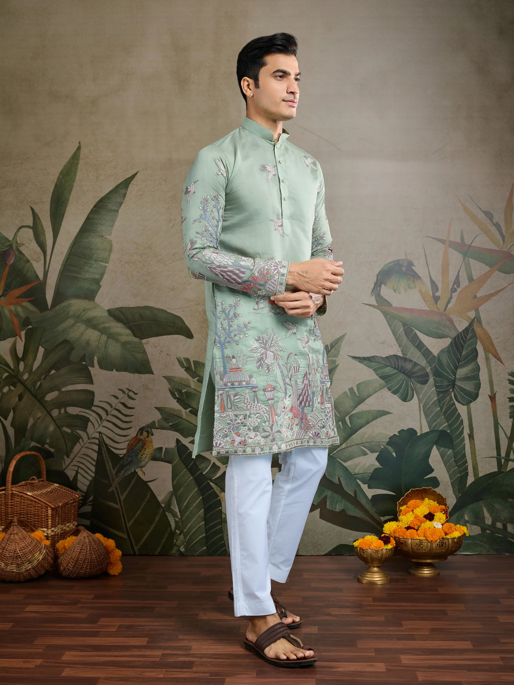 PREMIUM PISTA GREEN VISCOSE SILK PARTY WEAR KURTA FOR MEN