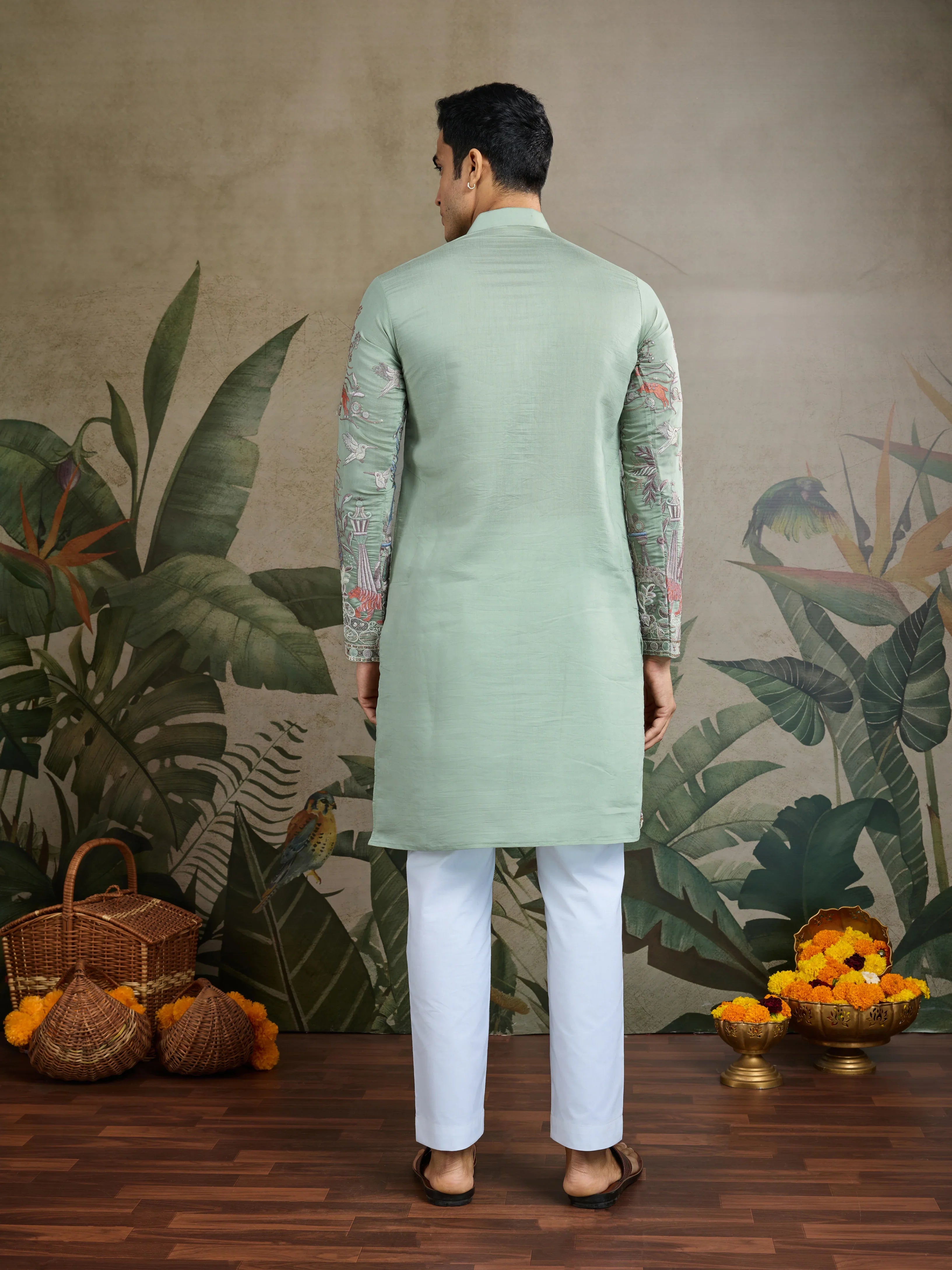 PREMIUM PISTA GREEN VISCOSE SILK PARTY WEAR KURTA FOR MEN