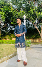 MEN'S BLUE KENZO BEAD WORK EMBROIDERED KURTA SET