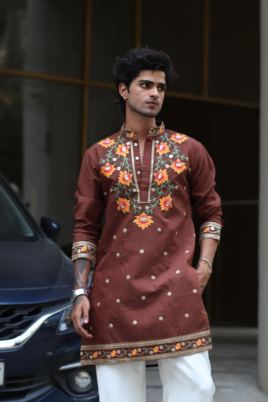 FLOWER LOTUS BROWN EMBROIDERED KURTA
