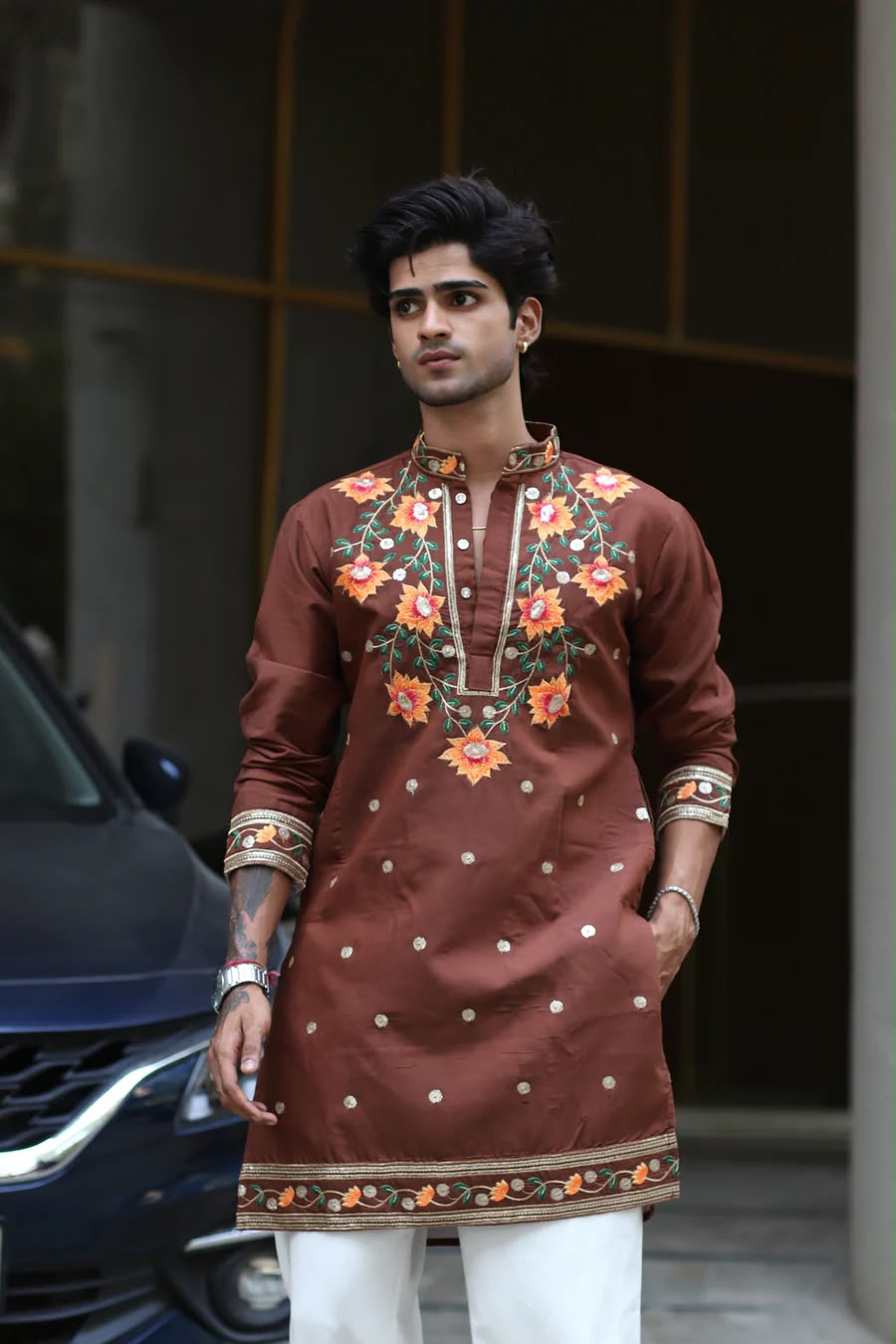 FLOWER LOTUS BROWN EMBROIDERED KURTA