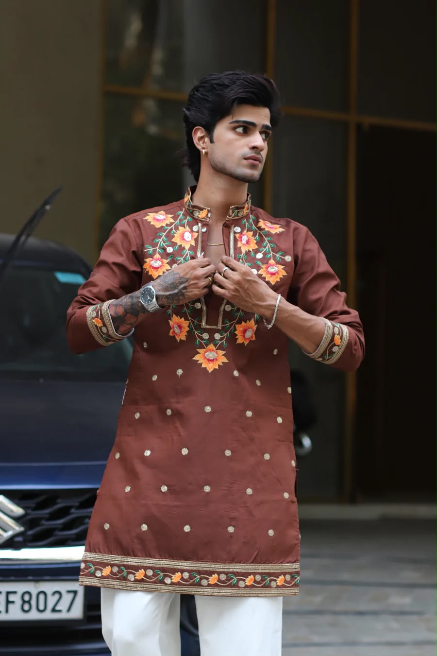 FLOWER LOTUS BROWN EMBROIDERED KURTA