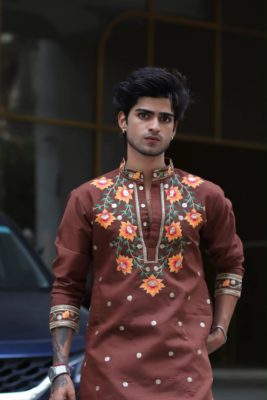 FLOWER LOTUS BROWN EMBROIDERED KURTA