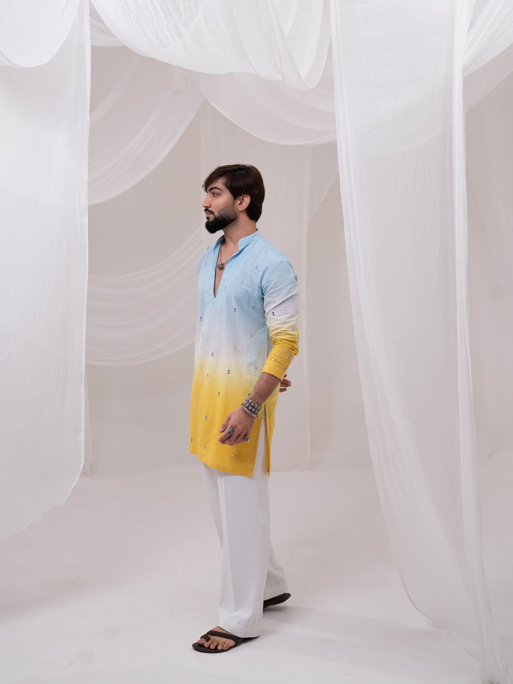 FESTIVE ELEGANCE: BLUE & YELLOW DUAL-TONE OMBRE MEN'S KURTA