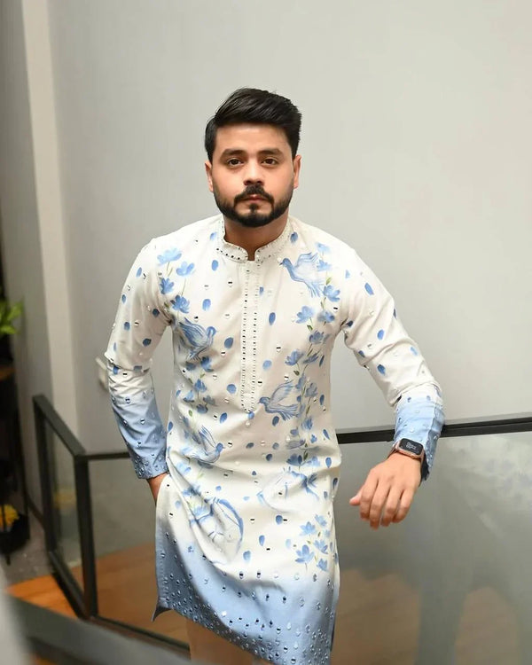 BLUE OMBRE PRINTED AND MIRROR WORK KURTA SET