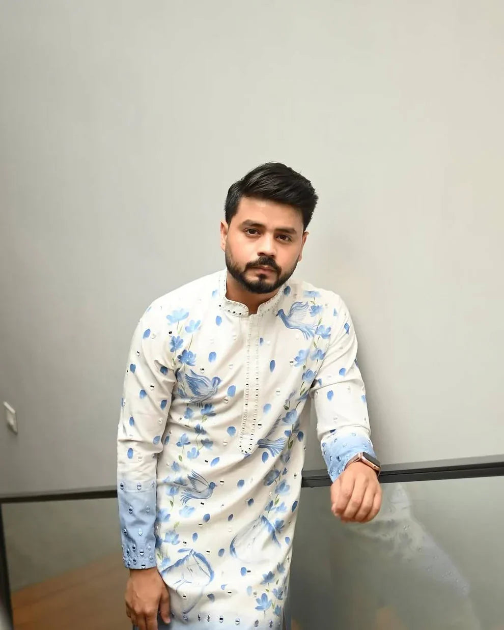 BLUE OMBRE PRINTED AND MIRROR WORK KURTA SET