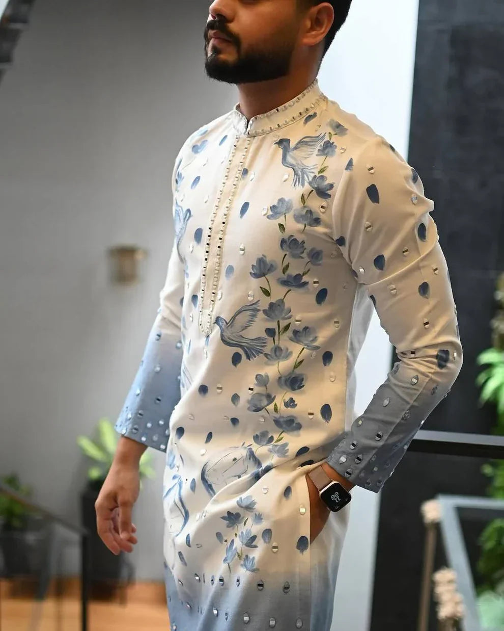 BLUE OMBRE PRINTED AND MIRROR WORK KURTA SET