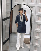 Blue v neck embroidery thred kurta with pajama