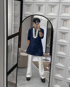 Blue v neck embroidery thred kurta with pajama