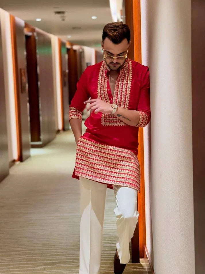 RED EMBROIDERED KURTA  SET