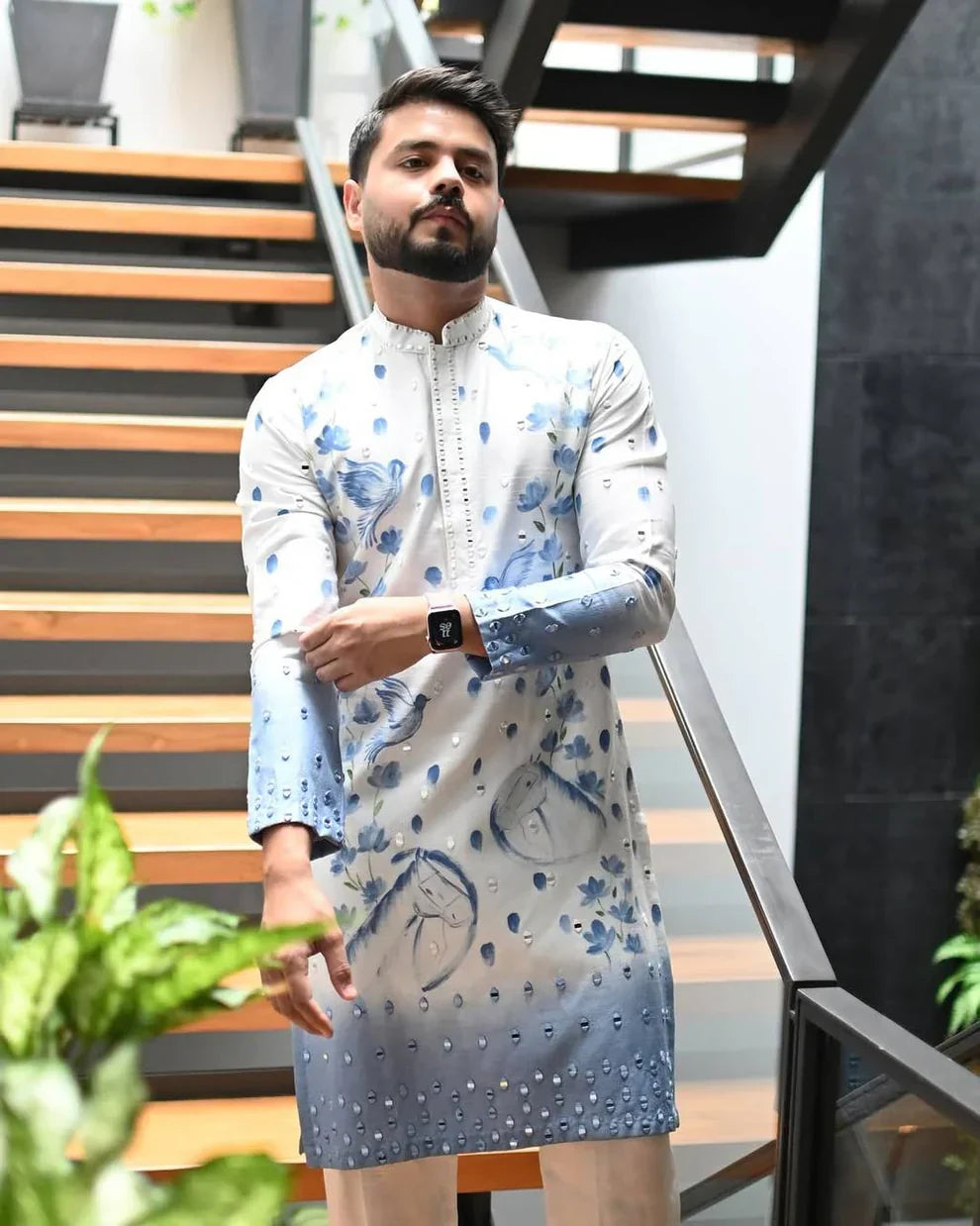 BLUE OMBRE PRINTED AND MIRROR WORK KURTA SET