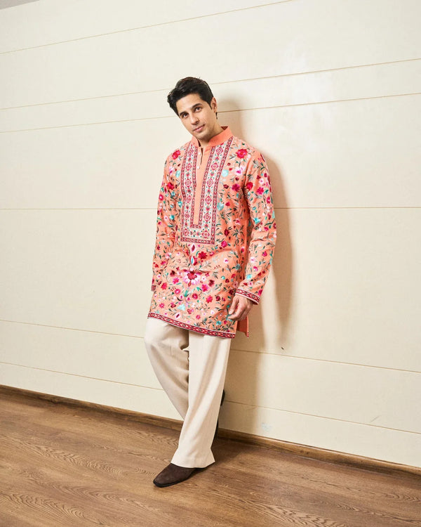 SIDDHARTH MALHOTRA IN OUR PEACH FLORAL RESHAM PRINTED KURTA SET