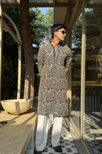PEACOCK ARTISTRY KURTA – TURQUOISE GREEN| PAIRED WITH LUXURY KOREAN PANTS
