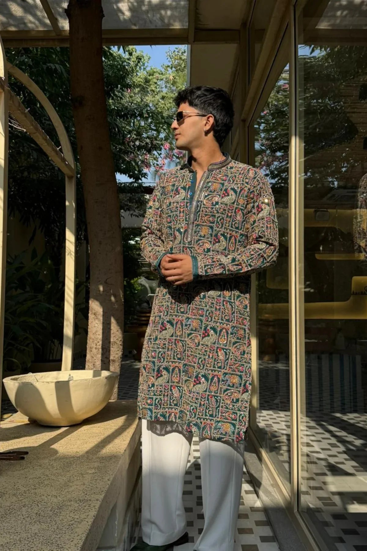 PEACOCK ARTISTRY KURTA – TURQUOISE GREEN| PAIRED WITH LUXURY KOREAN PANTS